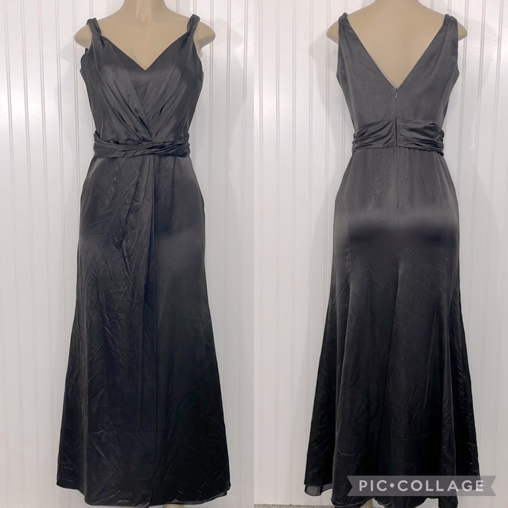 Armani Collezioni Silver Gray 100% Silk Deep V Sleeveless Long Cocktail Dress 6